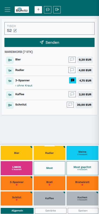 Bestellaufnahme in der App mit Sonderwünschen und Extras
