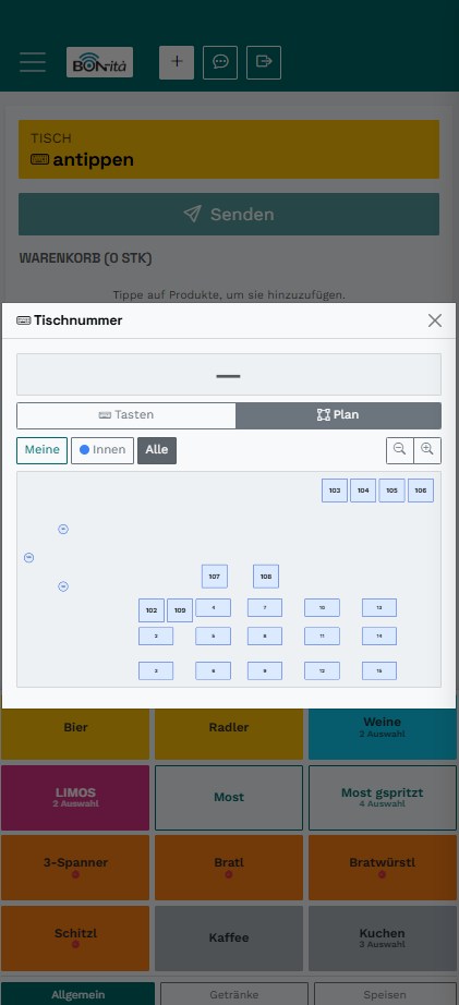 Tischauswahl in der Bonier-App auf dem Mobiltelefon