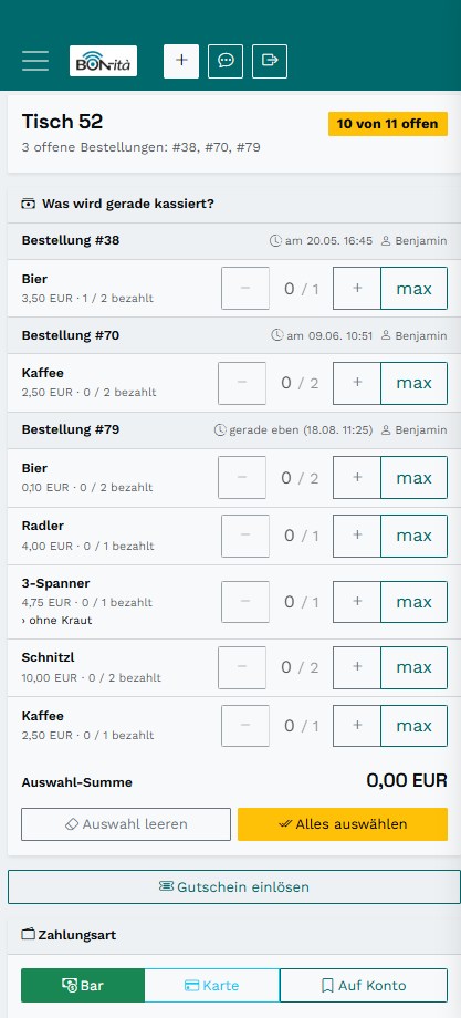 Kassiermaske mit offenen Bestellungen und den Zahlungsarten Bar, Karte und Auf Konto