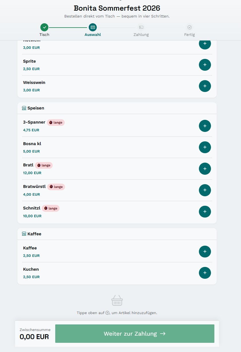 Self-Order-Seite für Gäste mit Speisen- und Getränkeliste und Plus-Knöpfen