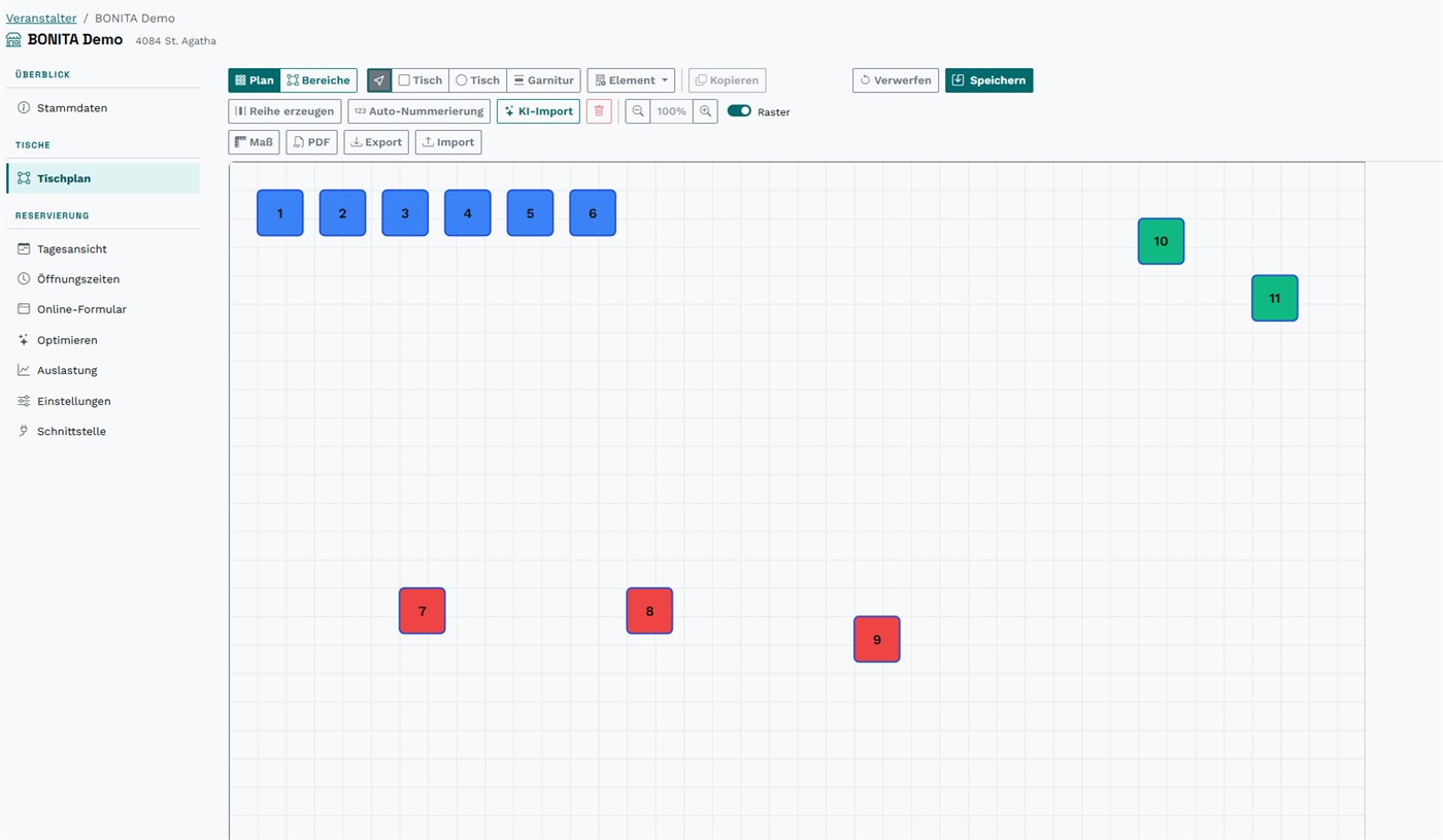 Tisch-Layout-Designer mit Raster, farbigen Tischen und Werkzeugleiste