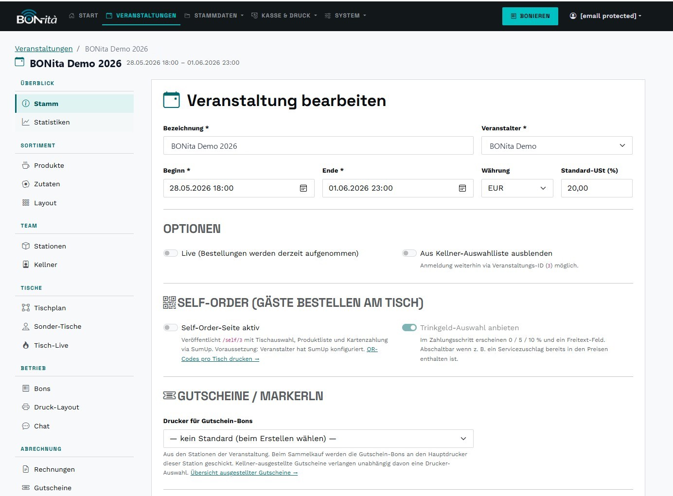 Verwaltungsoberfläche mit Menü für Sortiment, Team, Tische, Betrieb und Abrechnung sowie den Einstellungen zu Self-Order und Registrierkasse
